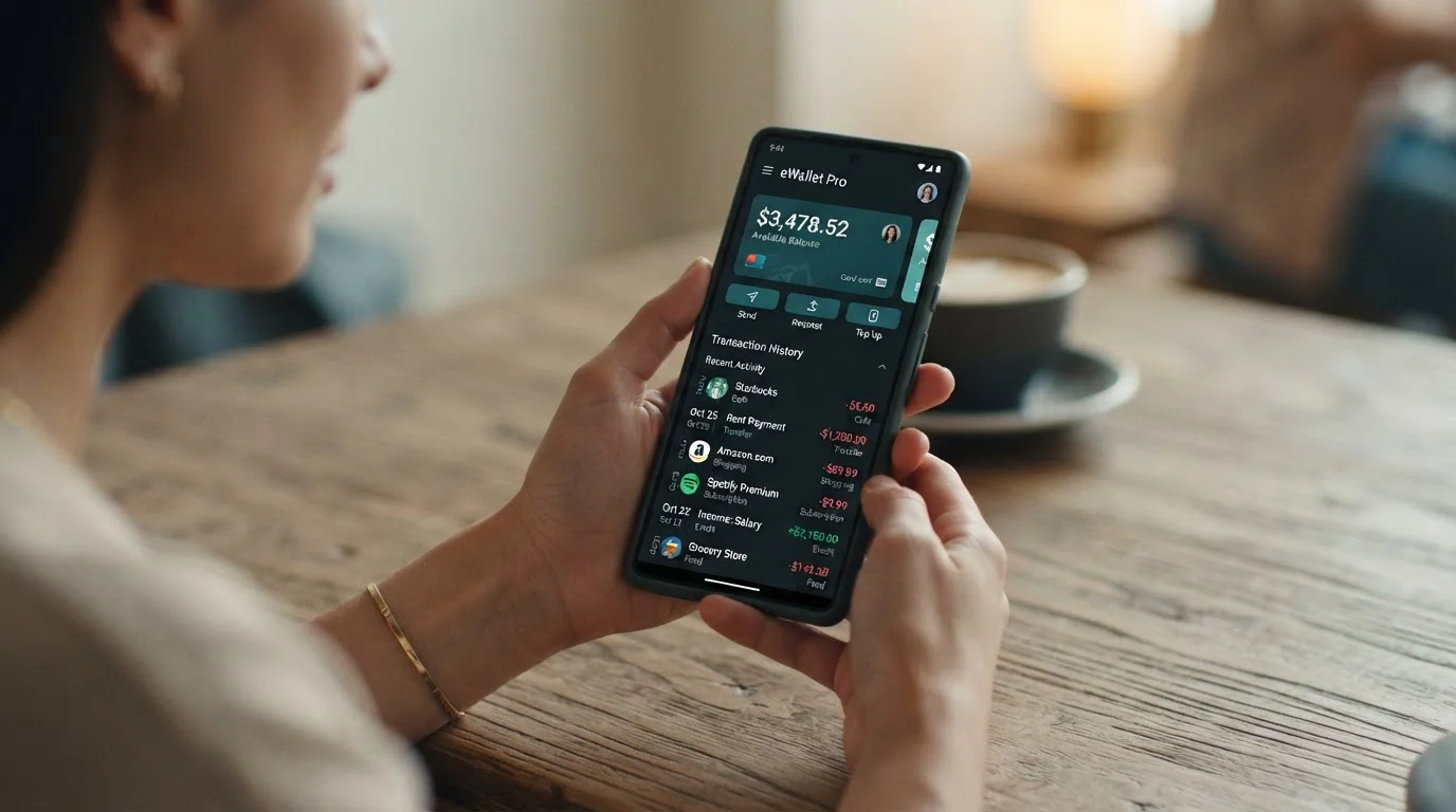 Smartphone displaying e-wallet application interface with transaction history and balance