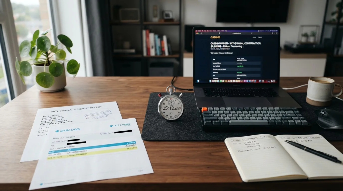 Desktop workspace with stopwatch timing casino withdrawal process alongside transaction receipts