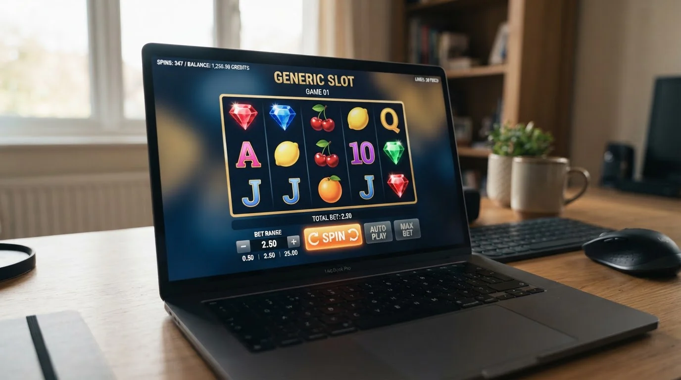 Low-volatility pokie game screen showing bet range options and spin counter