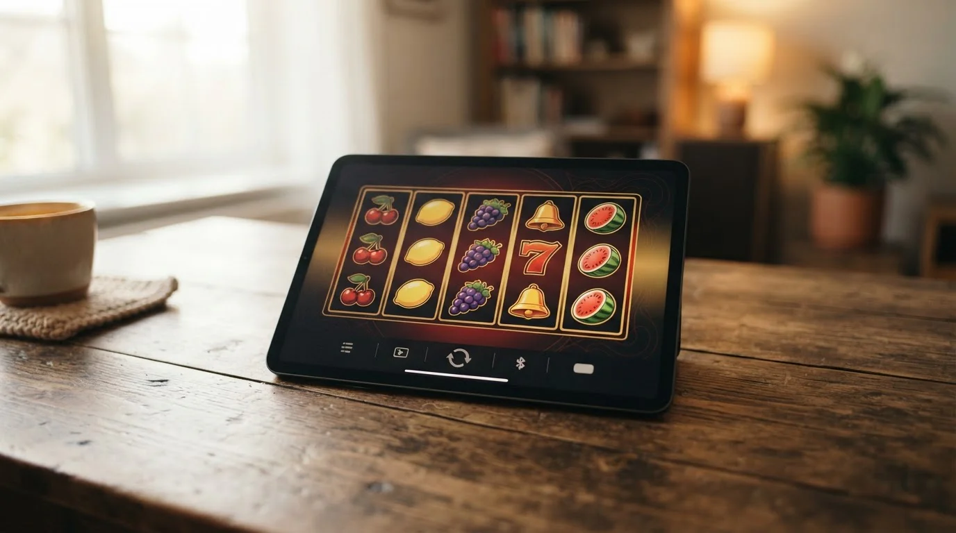Tablet displaying generic pokie interface with abstract reels