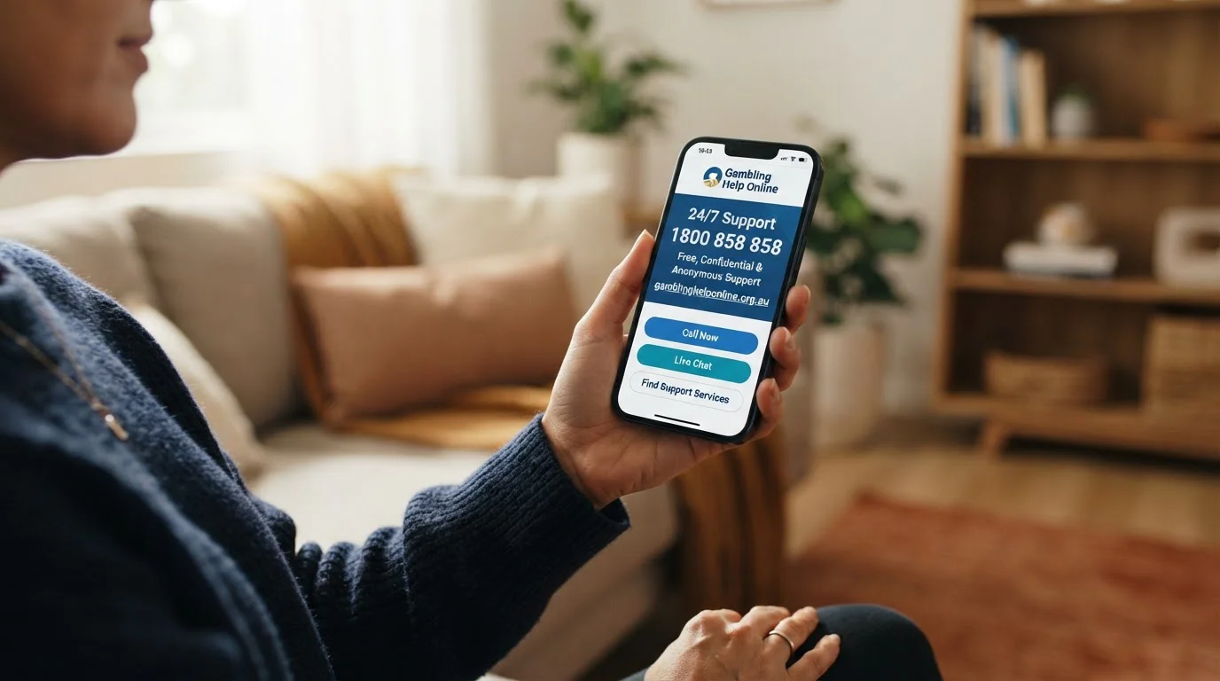 Gambling Help Online contact information display with 24/7 support phone number and website