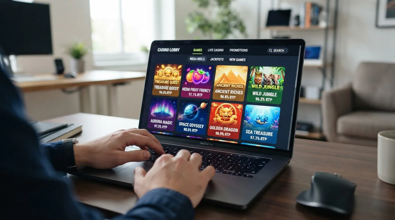 Laptop screen displaying online pokies game selection with RTP percentages visible