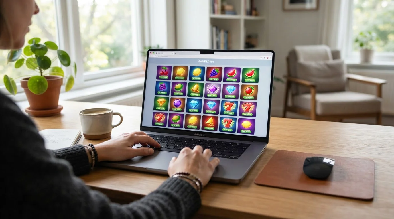 Laptop screen showing grid of colourful generic slot game thumbnails with abstract symbols