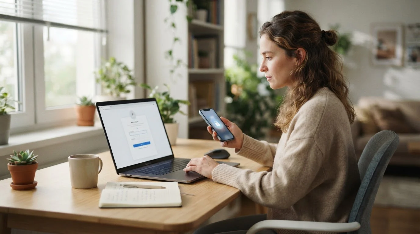 Person setting up a digital payment account on a laptop with phone verification