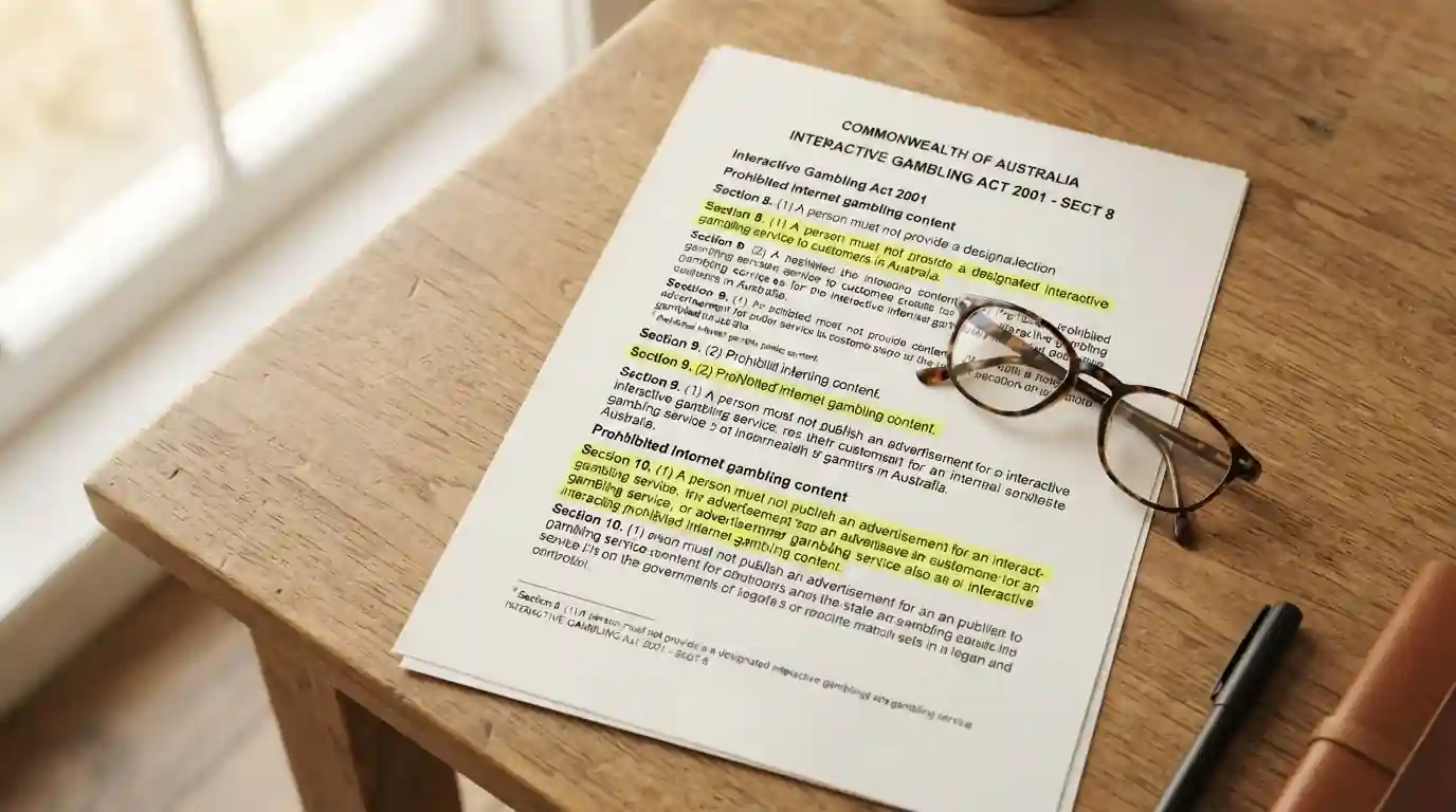Document showing Interactive Gambling Act 2001 text with highlighter marking operator liability clause
