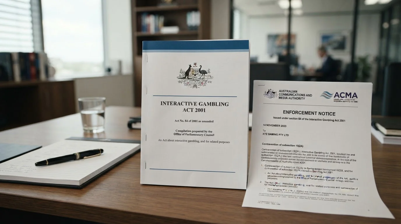 Australian federal legislation document showing Interactive Gambling Act 2001 with ACMA enforcement notice