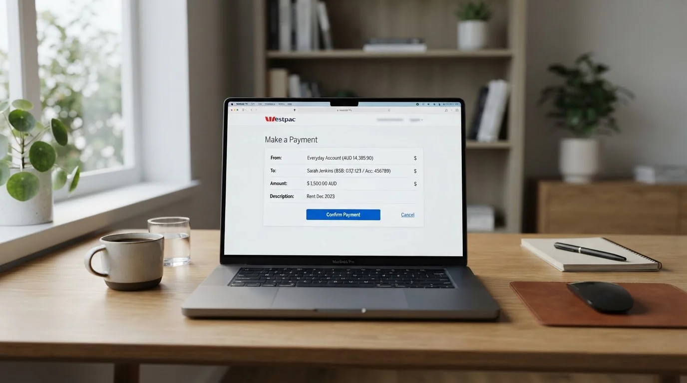 Laptop on desk showing bank transfer interface with Australian dollar symbols