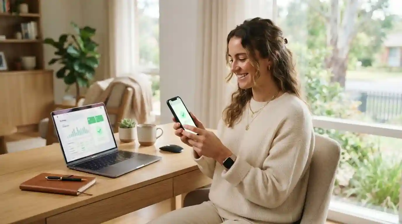 Person checking a fast PayID withdrawal notification on their phone beside a laptop at home