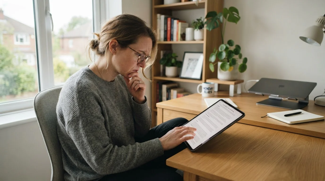 Person reviewing casino terms and conditions on tablet with frustrated expression
