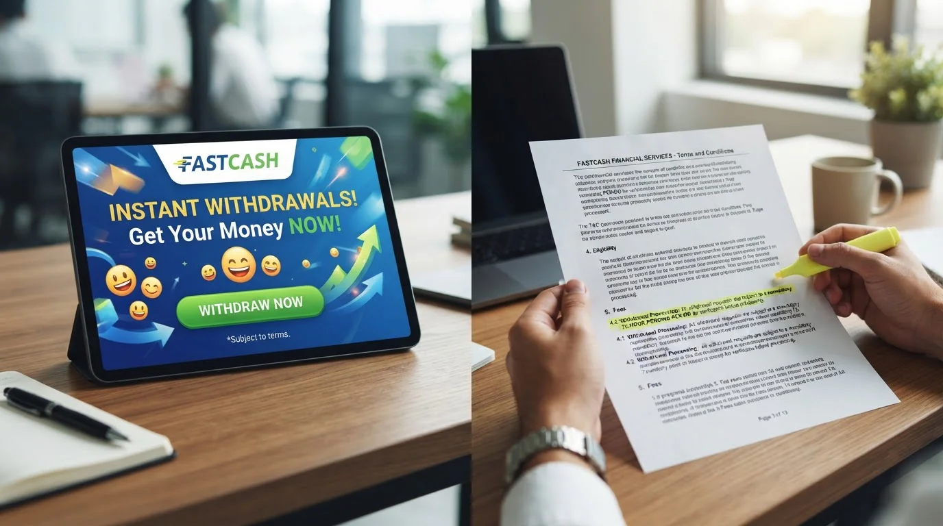 Split-screen showing instant withdrawal banner next to actual 72-hour pending period buried in terms and conditions