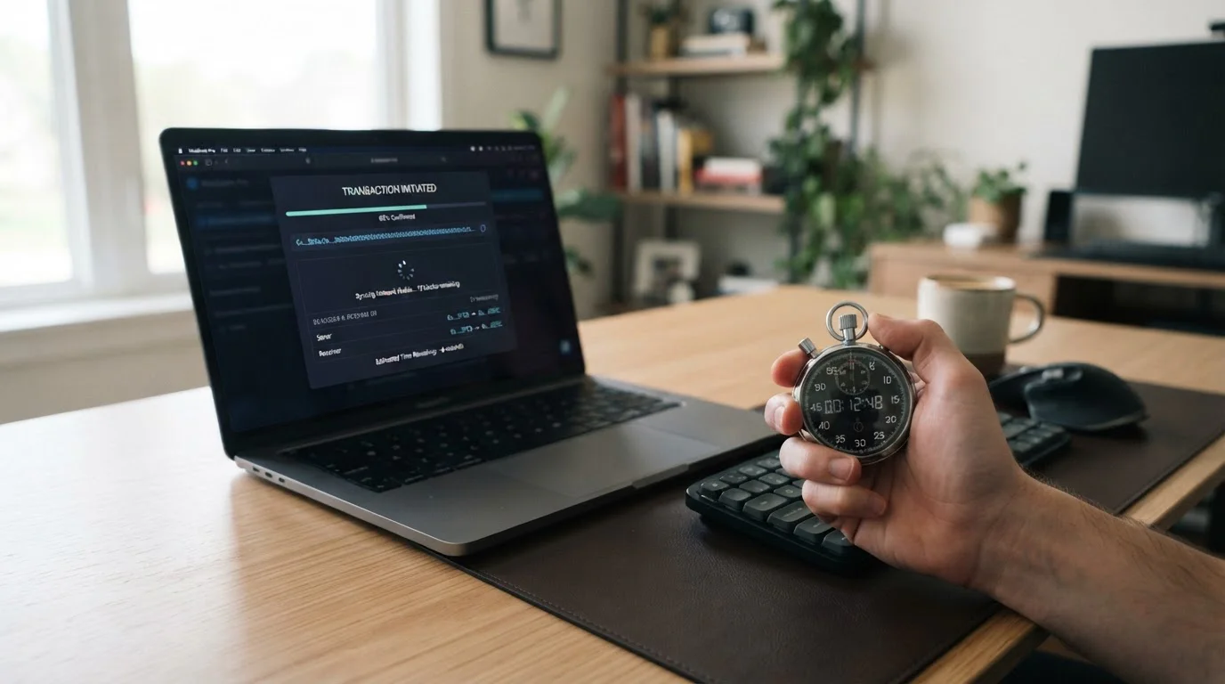 Stopwatch timing cryptocurrency transaction on laptop screen