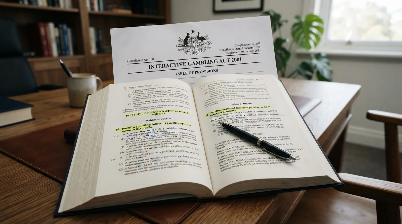 Document showing Interactive Gambling Act 2001 with marked prohibition sections and ACMA enforcement text