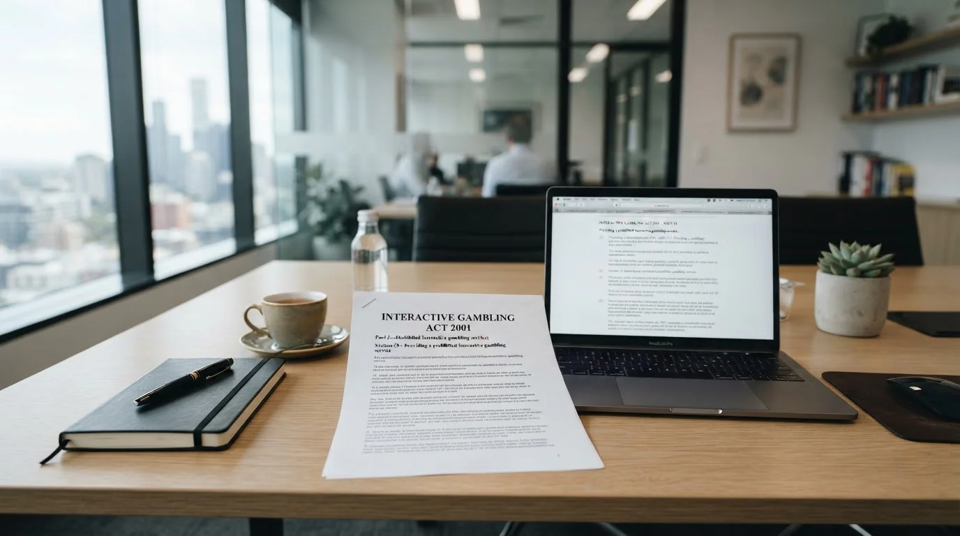 Clean office desk with Australian legal document and laptop showing IGA text