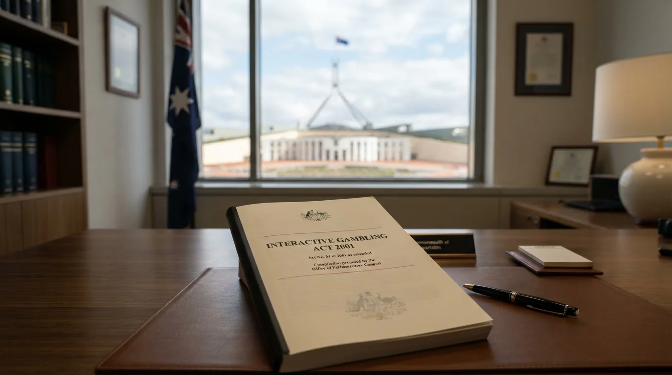 Interactive Gambling Act 2001 document with Australian parliament building background