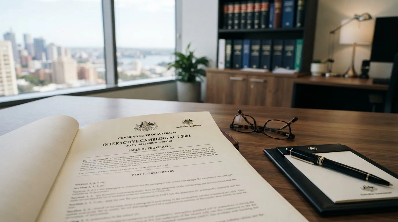 Australian legal document showing Interactive Gambling Act 2001 header on desk