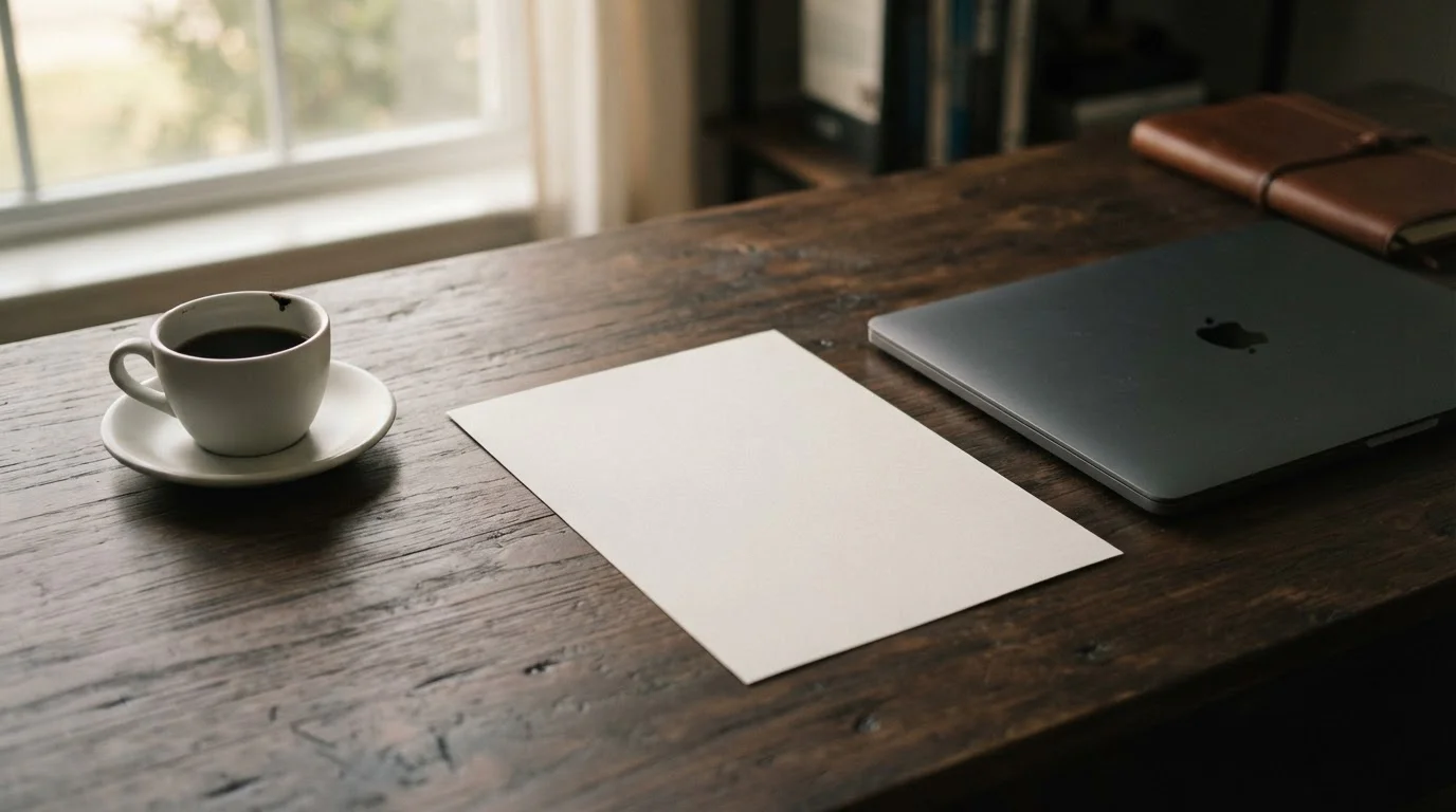 Neutral legal document on a desk beside a laptop and a cup of coffee
