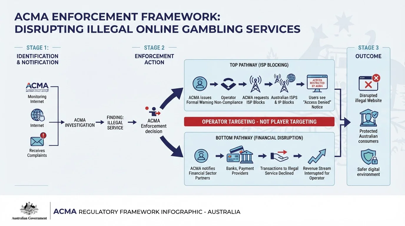 ACMA enforcement diagram showing ISP blocks and financial disruption provisions