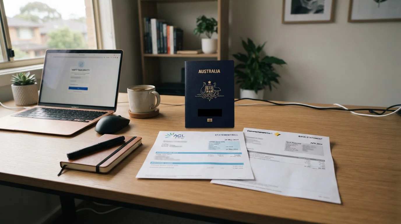 Organized desk with Australian passport, utility bill, and bank statement ready for KYC verification
