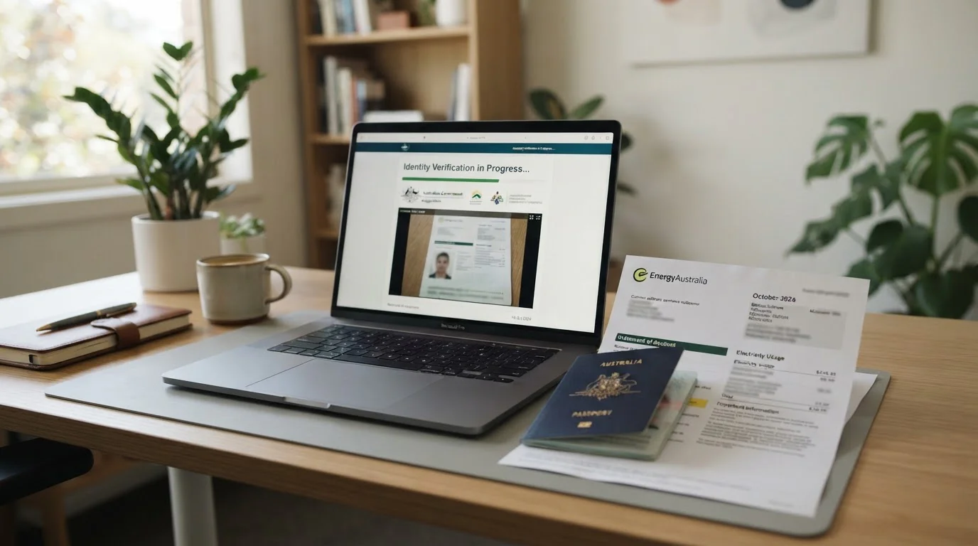 Passport and utility bill documents on desk next to laptop showing verification screen