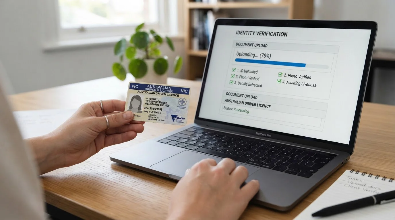 Person uploading identity documents for KYC verification on a laptop screen