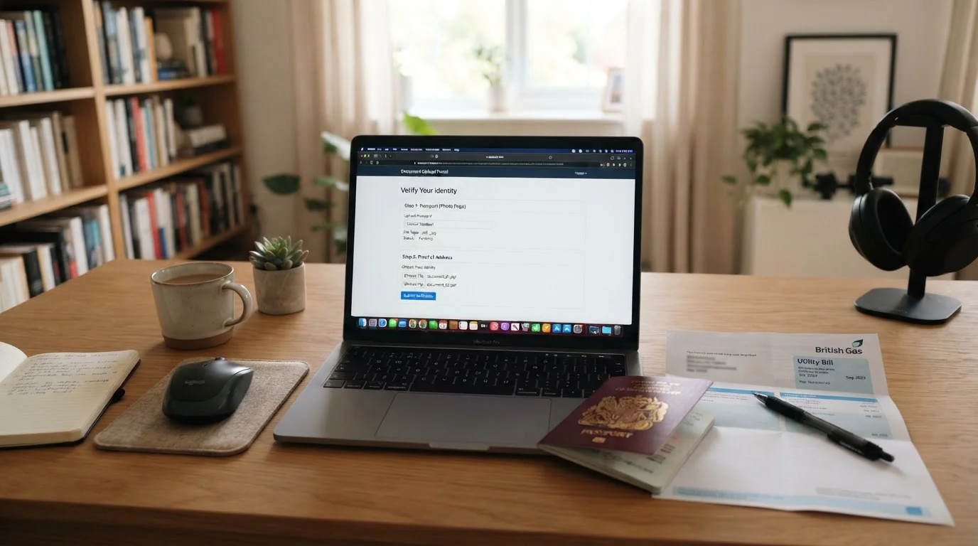 Document verification interface showing passport and utility bill upload screens