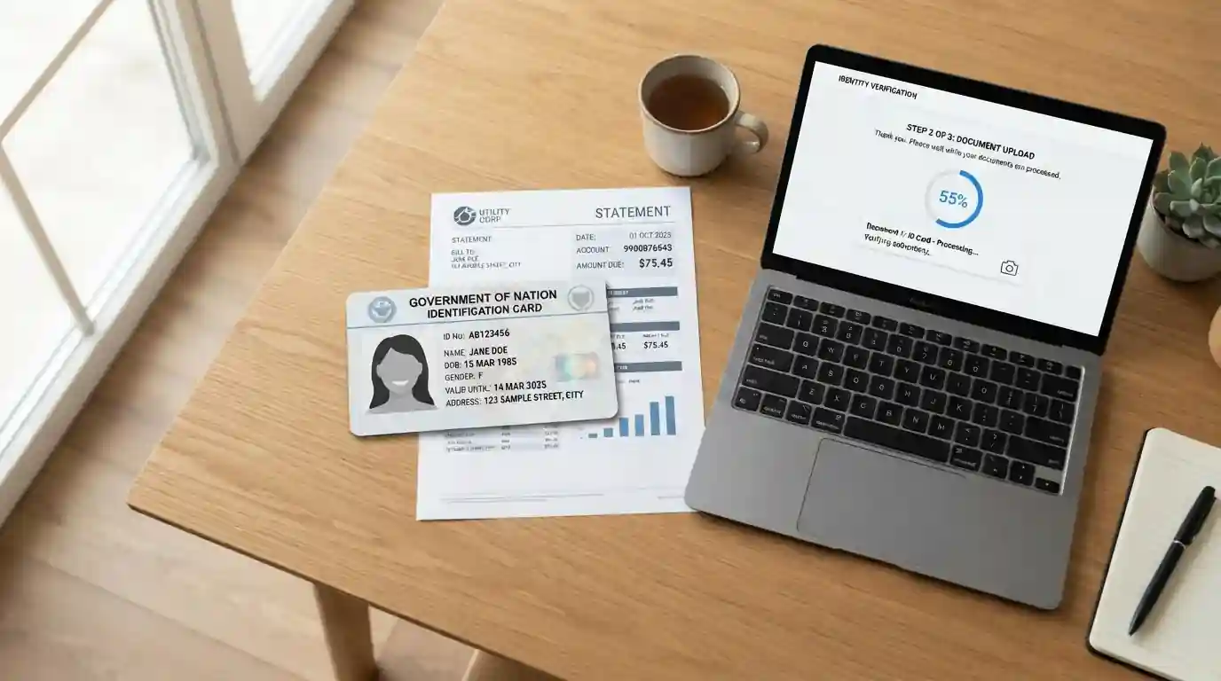 Clean desk with government ID, proof of address document, and laptop showing KYC upload interface