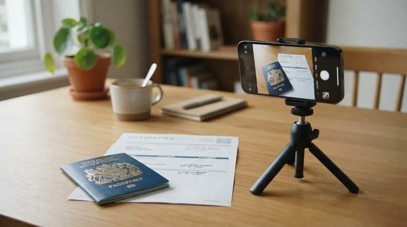 Passport and utility bill on desk beside smartphone camera for KYC verification