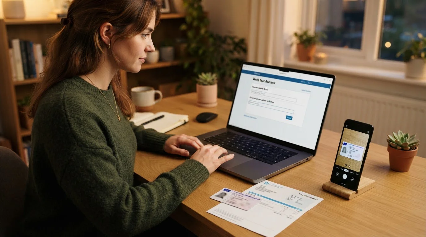 Person at laptop uploading verification documents to casino account interface