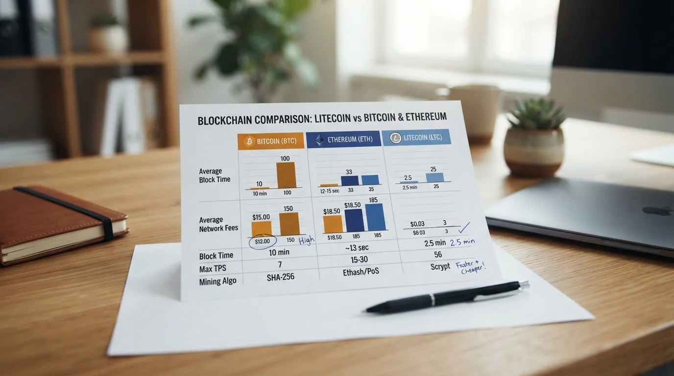 Side-by-side comparison chart showing Litecoin block time and network fees versus Bitcoin and Ethereum