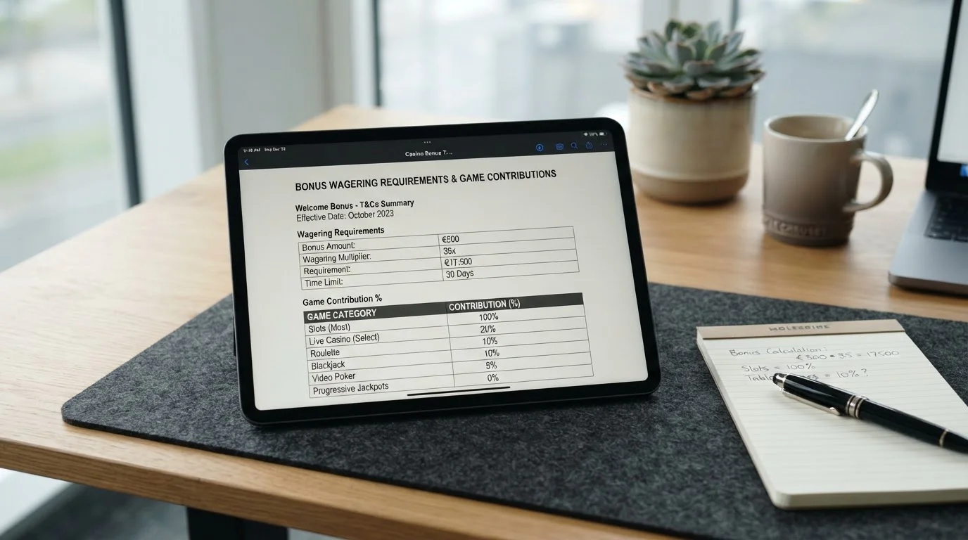 Casino bonus terms document showing wagering requirements and game contribution percentages