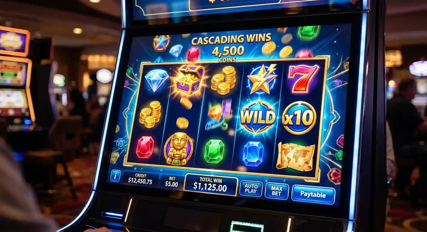 Modern video pokie reels displaying high-volatility cascading symbols without branded game logos