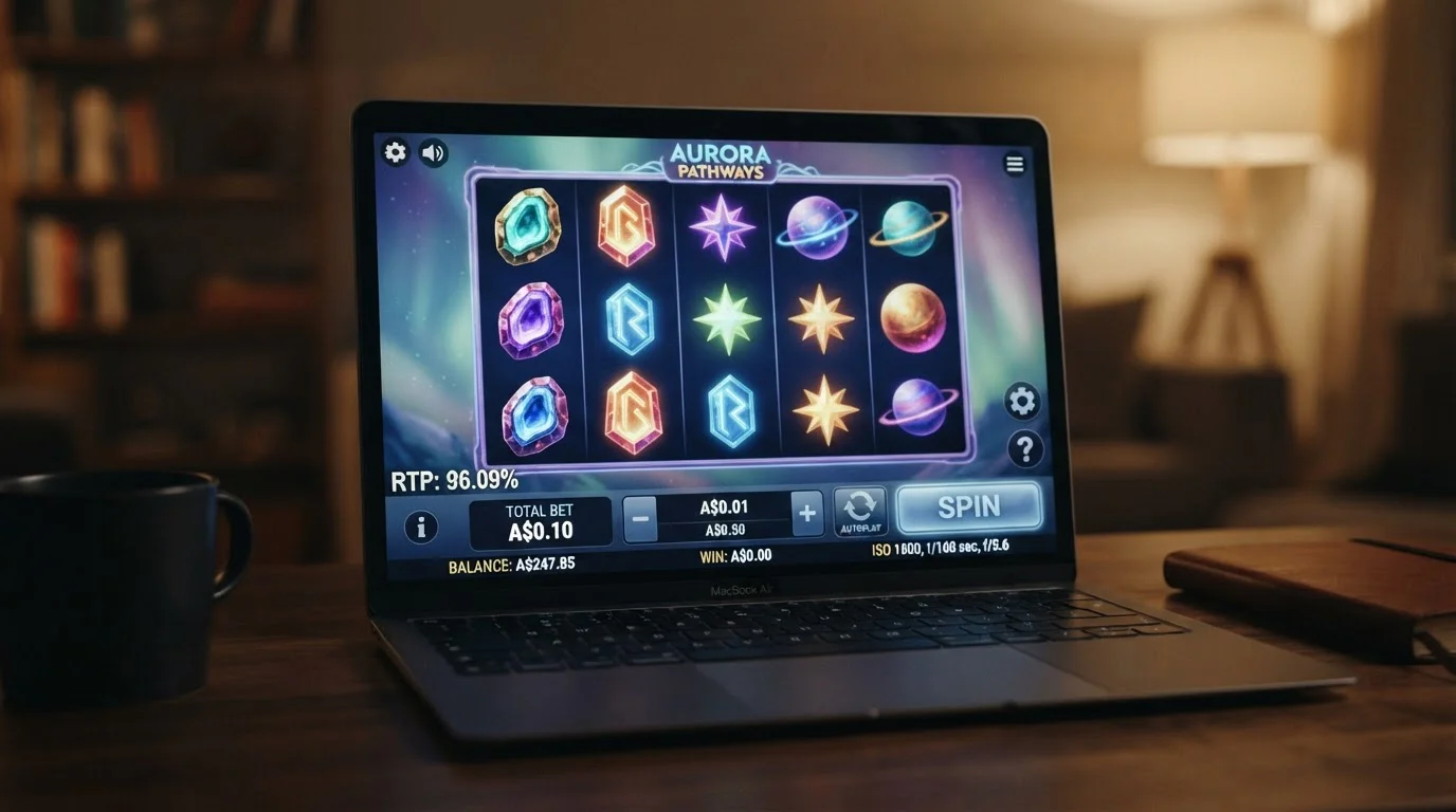 Pokie reels showing RTP percentage and minimum bet display