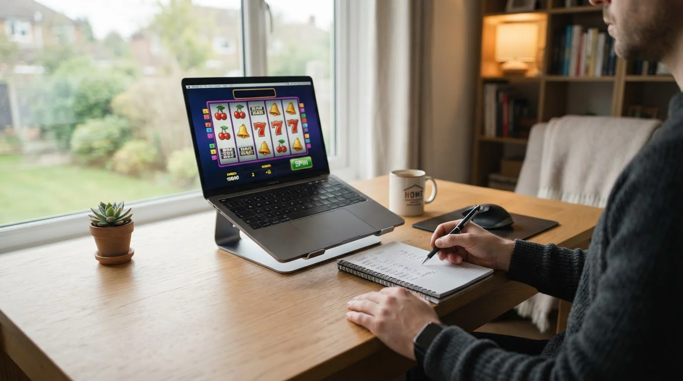 Laptop displaying slot machine reels with notepad showing bankroll calculations beside it