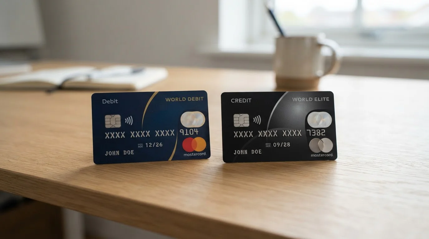Mastercard debit and credit cards side by side on desk