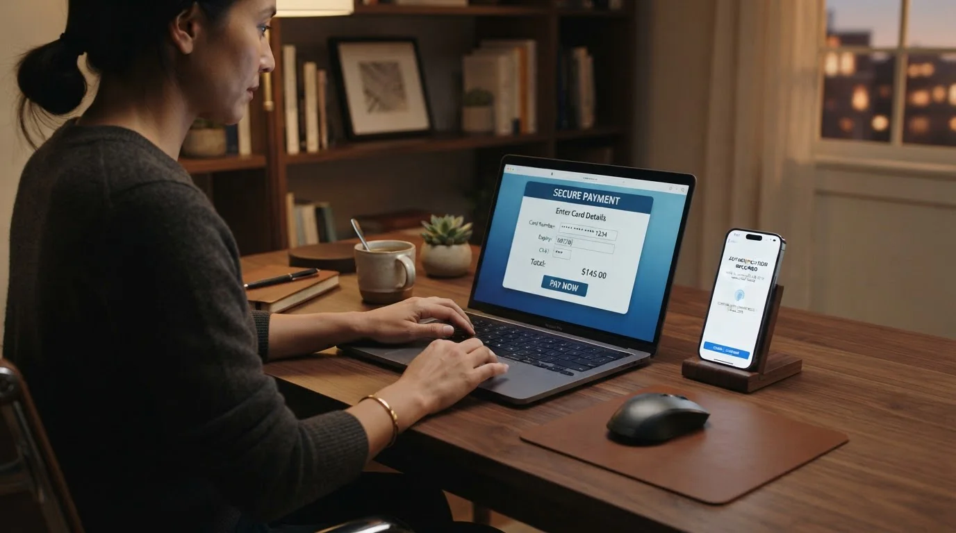 Person entering payment card details on laptop with smartphone showing authentication notification
