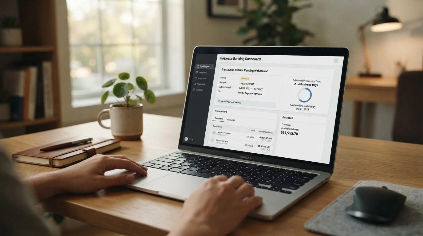 Banking interface showing pending withdrawal transaction with time estimate