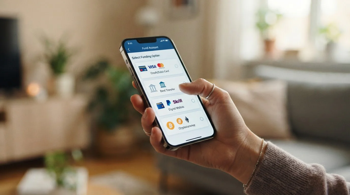 Hand holding smartphone displaying MiFinity app funding options screen