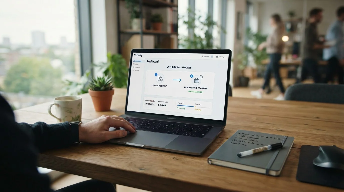 Desk with laptop showing MiFinity wallet interface and withdrawal timeline diagram