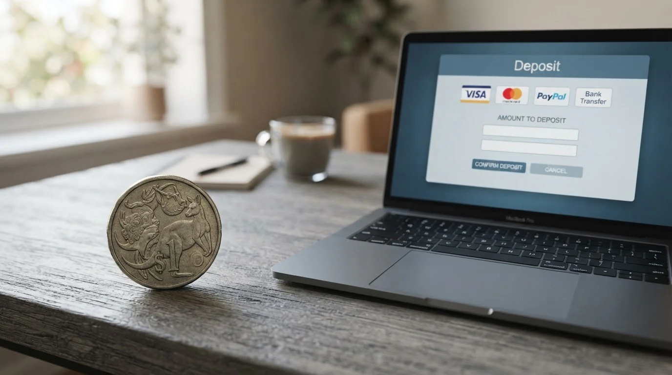 Australian dollar coin next to laptop showing casino cashier interface