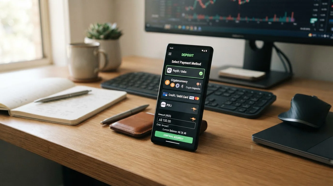 Smartphone on desk displaying mobile casino interface with payment method selection screen