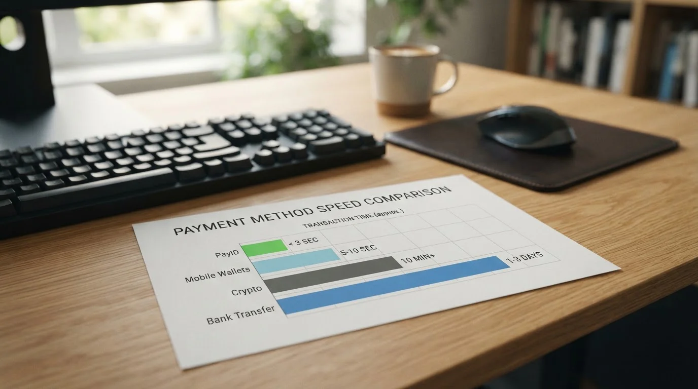 Comparison chart showing deposit and withdrawal speeds for PayID, mobile wallets and crypto