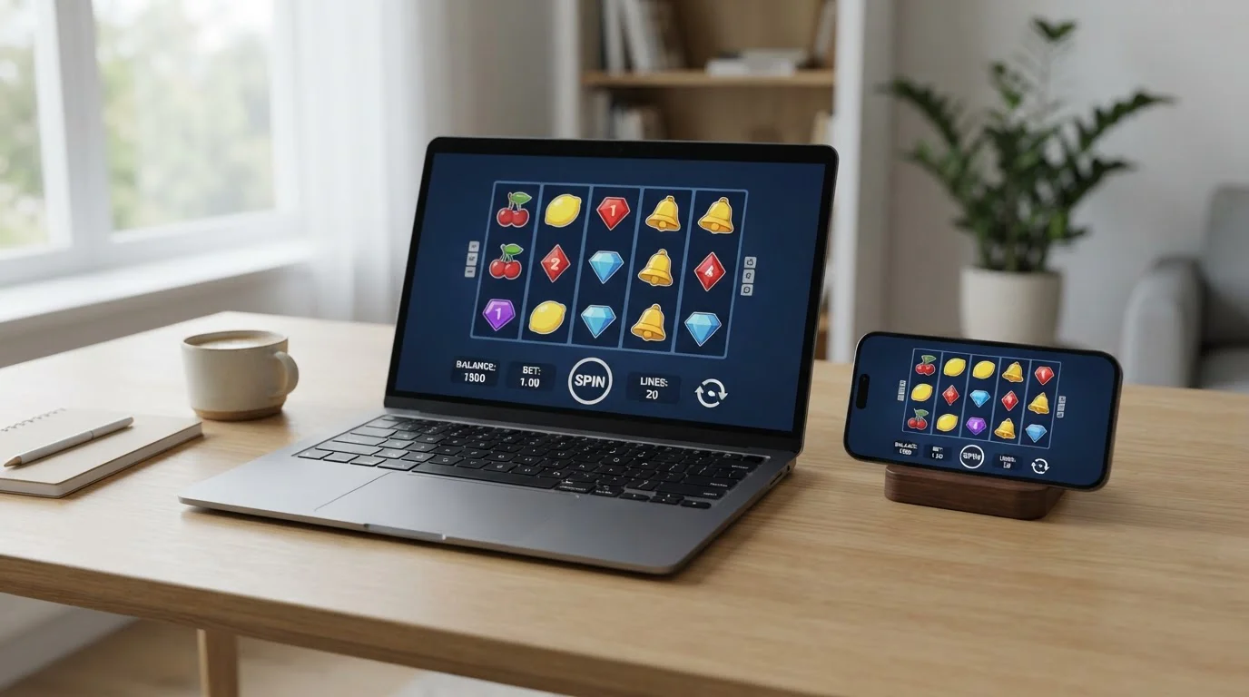 Smartphone and laptop showing mobile-optimized pokie interface