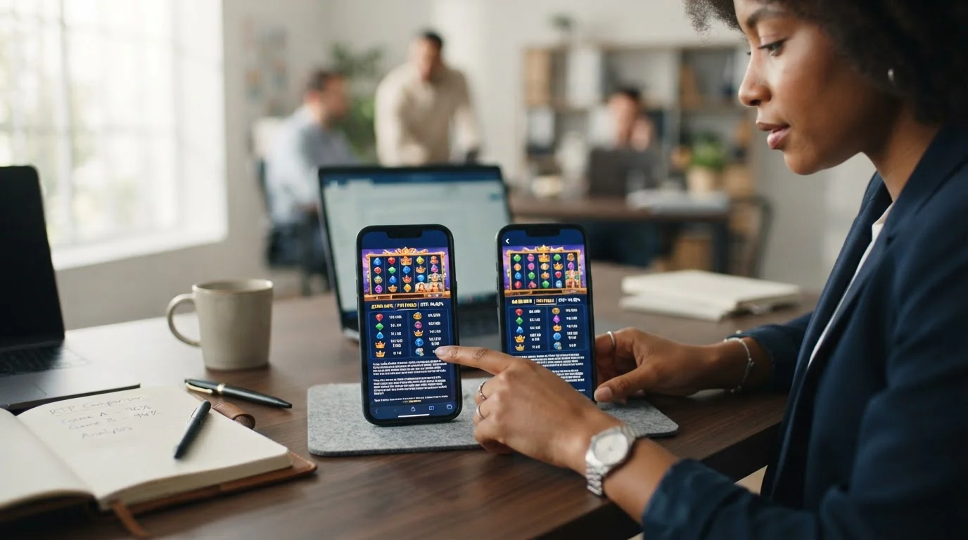 Two smartphones side by side displaying same slot game with different RTP values in paytables