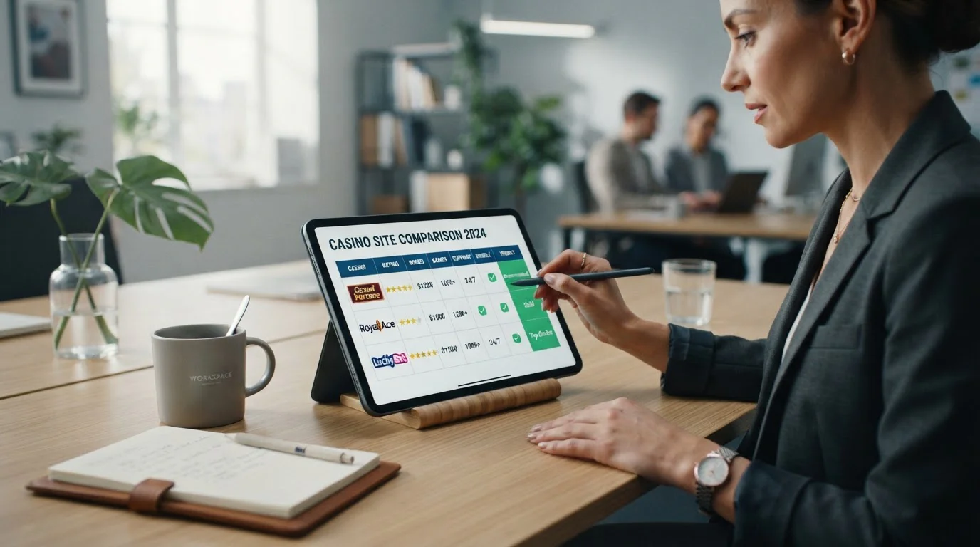 Casino comparison table on tablet screen with ratings and features