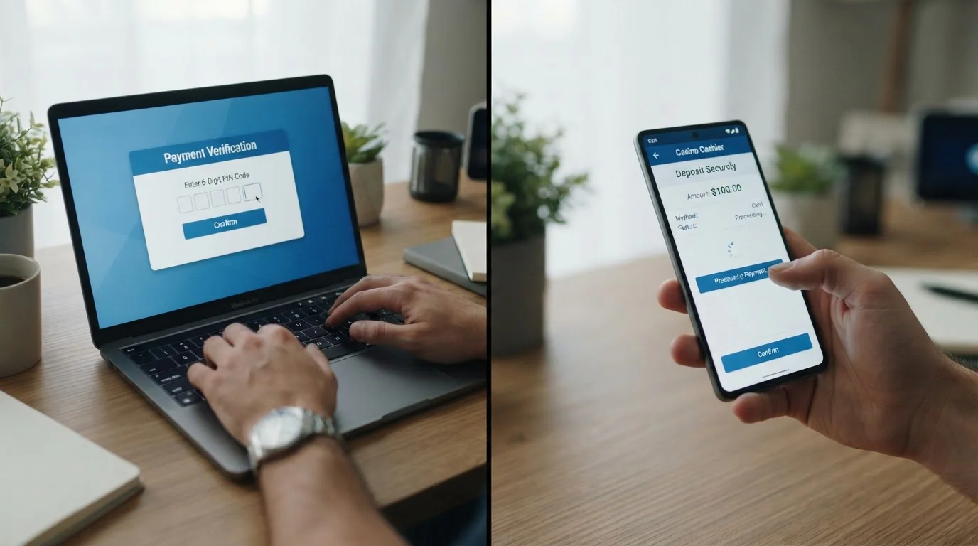 Split-screen showing PIN entry on laptop and casino cashier app on smartphone