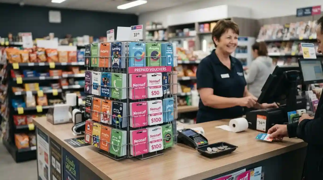 Australian convenience store counter with prepaid card display rack showing Neosurf vouchers