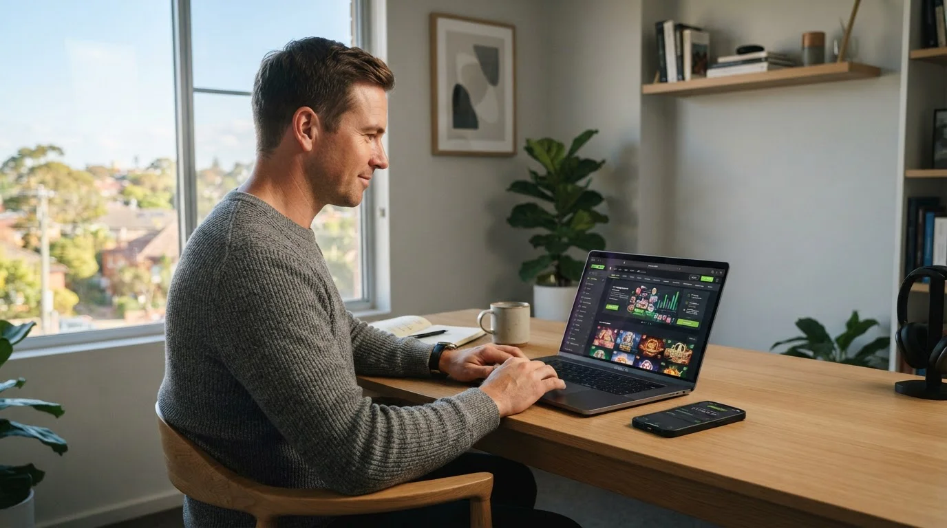 Australian player checking Neteller casino withdrawal on laptop with smartphone
