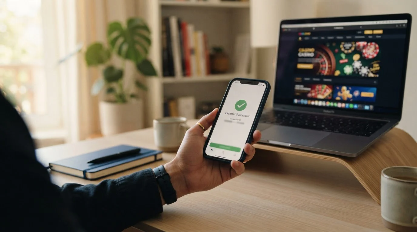 Smartphone showing Neteller mobile app deposit interface with casino cashier