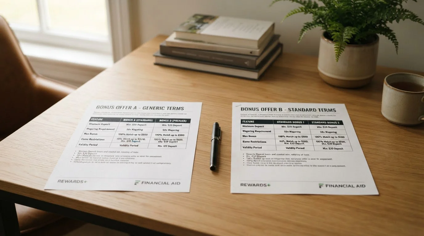 Comparison document showing no-deposit bonus terms versus deposit-match bonus terms side by side