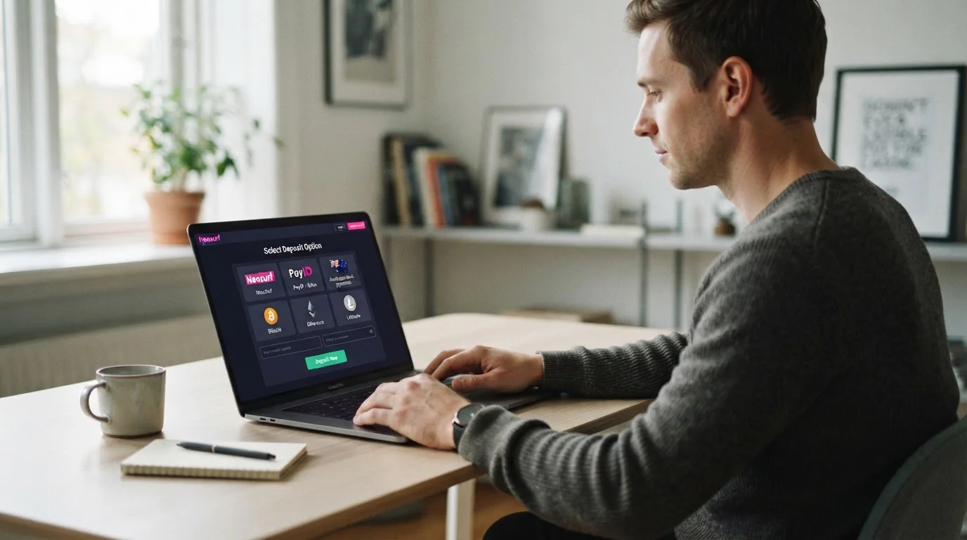 Australian player reviewing offshore casino deposit options on laptop with payment methods displayed